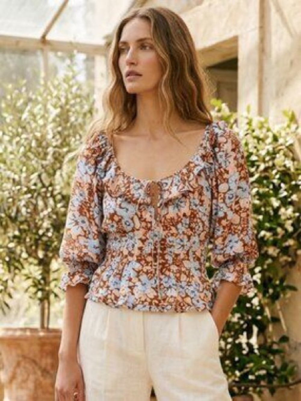 Free People Sweet Memories Brown Blue & Blush Floral Print Ruffle Blouse